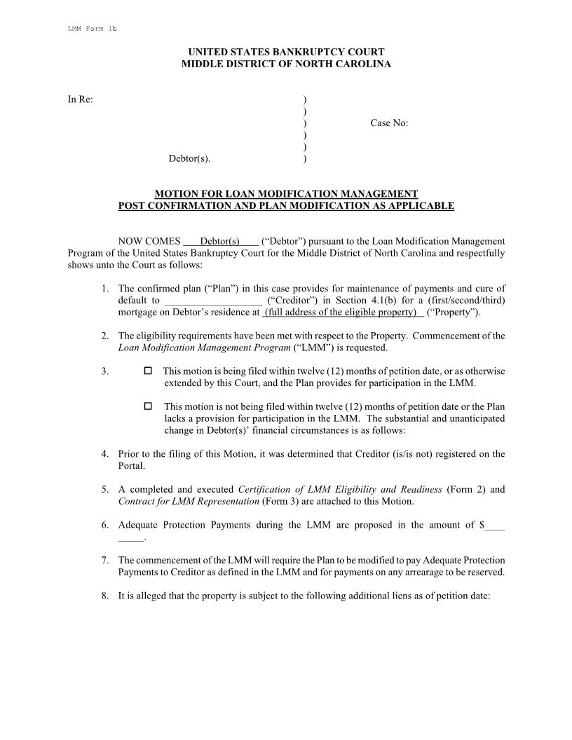 Motion For Loan Modification Management Post Confirmation And Plan Modification {LMM 1b} | Pdf Fpdf Docx | North Carolina