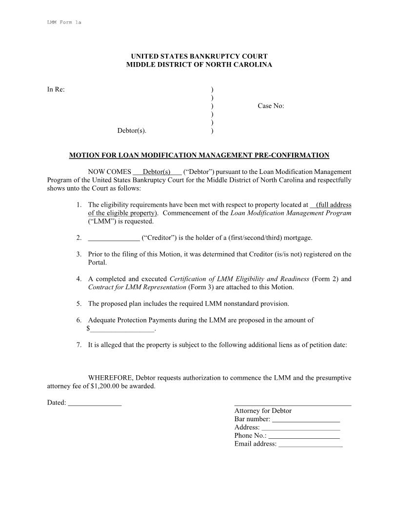 Motion For Loan Modification Management Pre Confirmation {LMM 1a} | Pdf Fpdf Docx | North Carolina