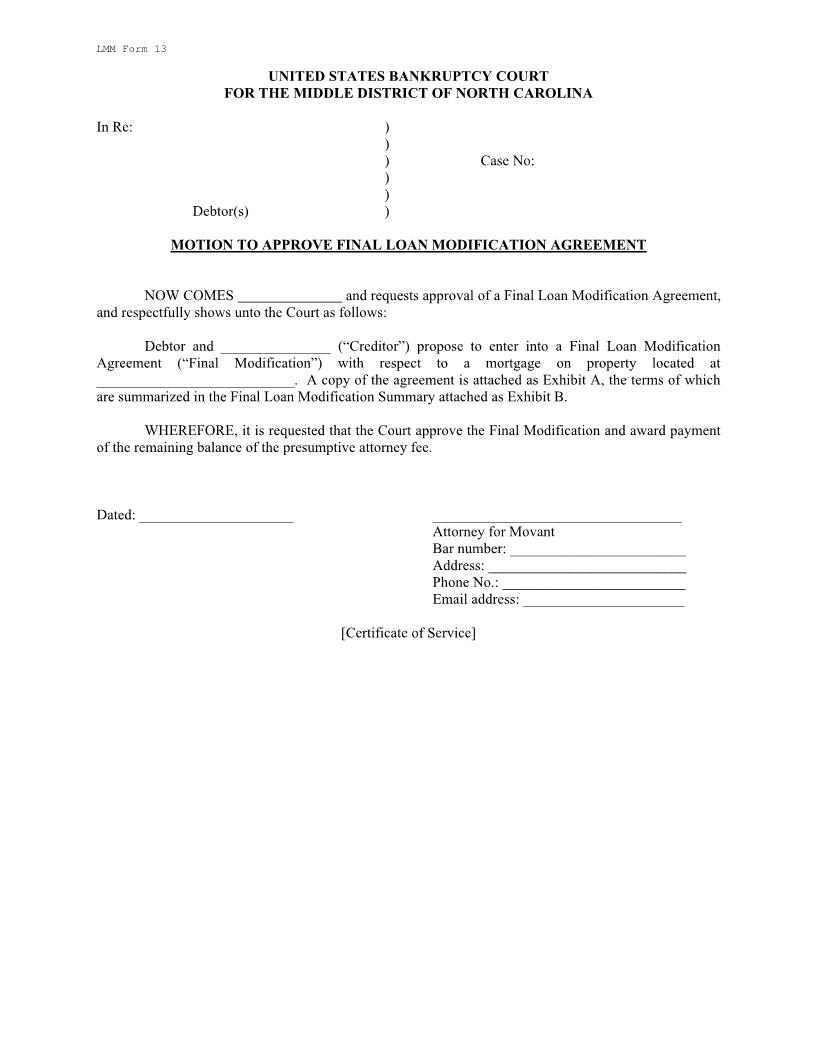 Motion To Approve Final Loan Modification Agreement {LMM 13} | Pdf Fpdf Docx | North Carolina