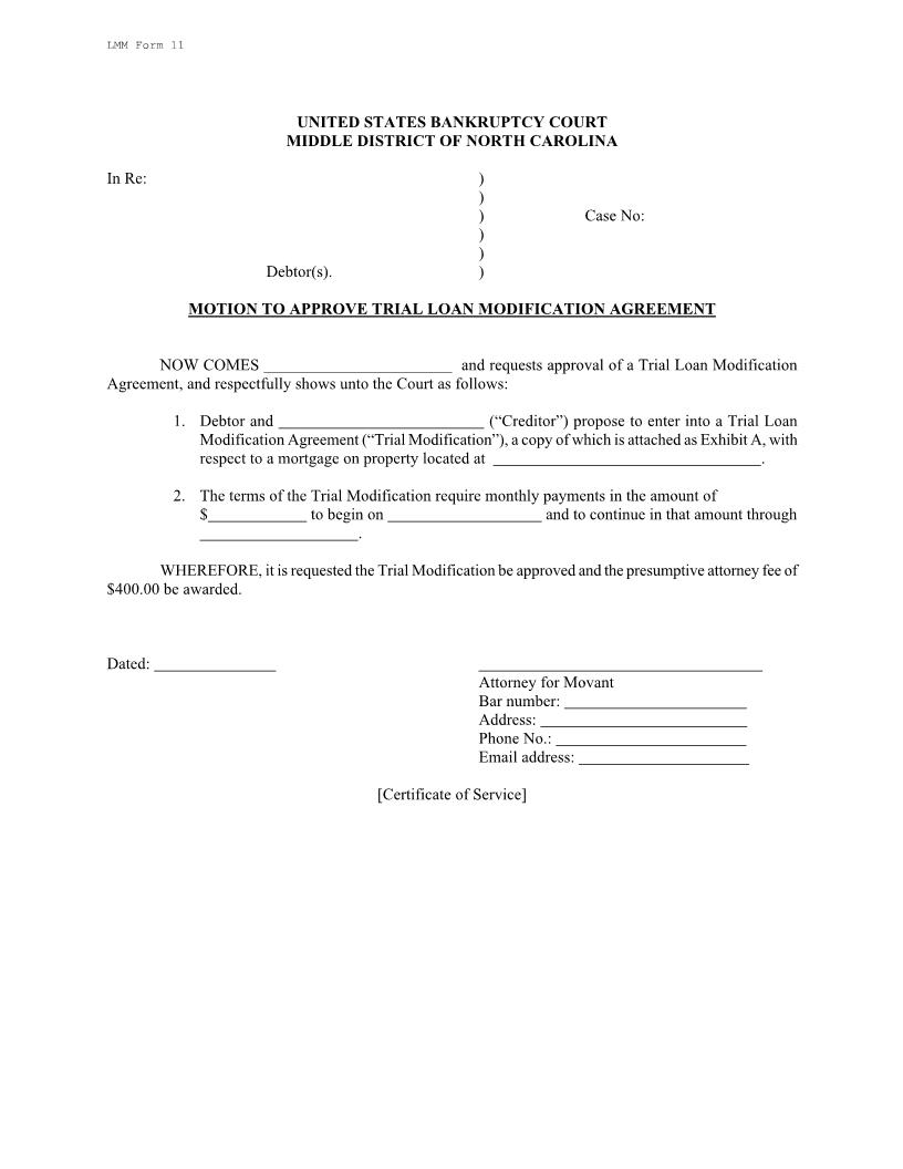 Motion To Approve Trial Loan Modification Agreement {LMM 11} | Pdf Fpdf Docx | North Carolina