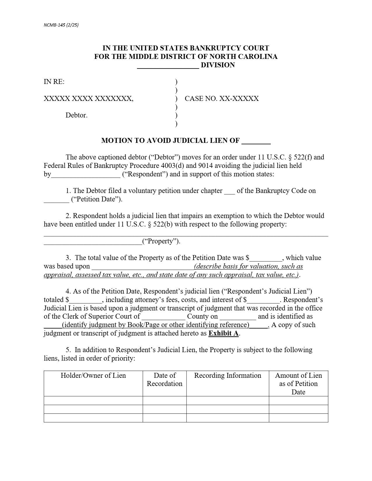 Motion To Avoid Judicial Lien {NCMB-145} | Pdf Fpdf Doc Docx | North Carolina