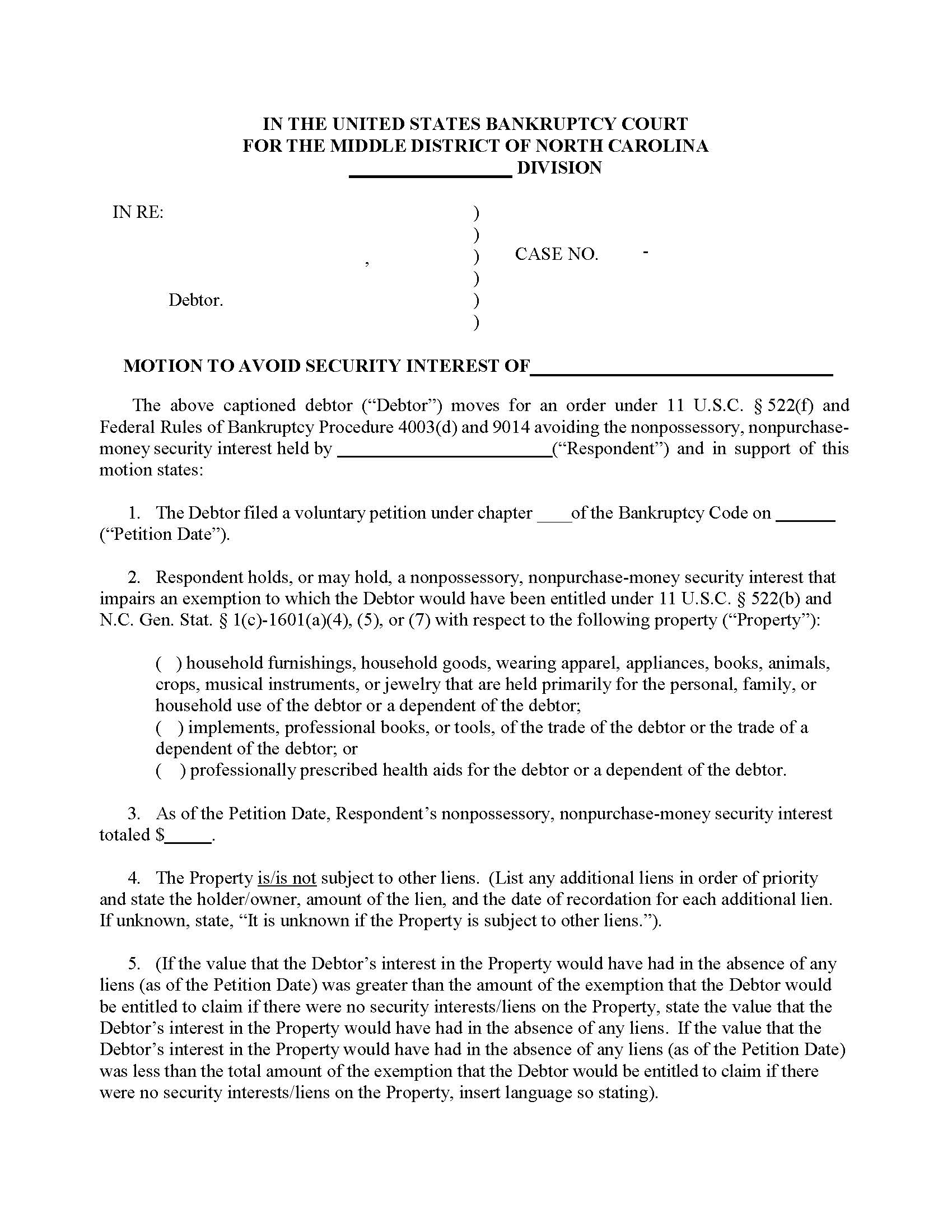 Motion To Avoid Security Interest  | Pdf Fpdf Docx | North Carolina