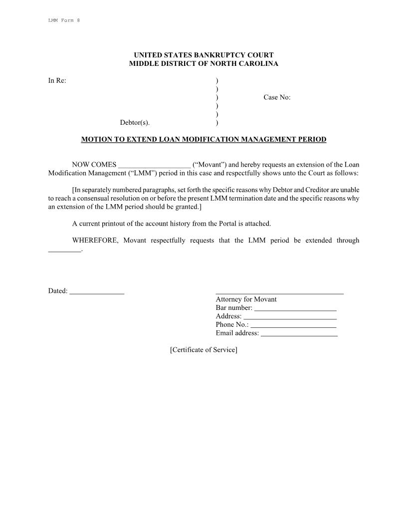 Motion To Extend Loan Modification Management Period {LMM 8} | Pdf Fpdf Docx | North Carolina