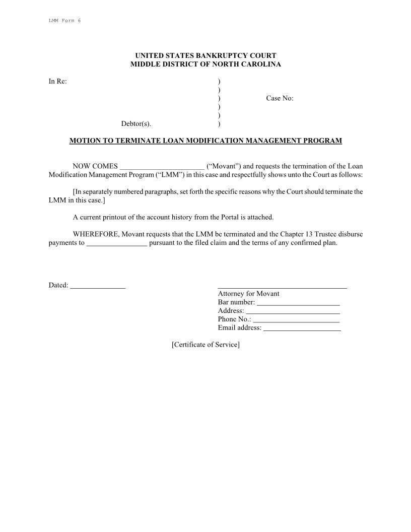 Motion To Terminate Loan Modification Management Program {LMM 6} | Pdf Fpdf Docx | North Carolina