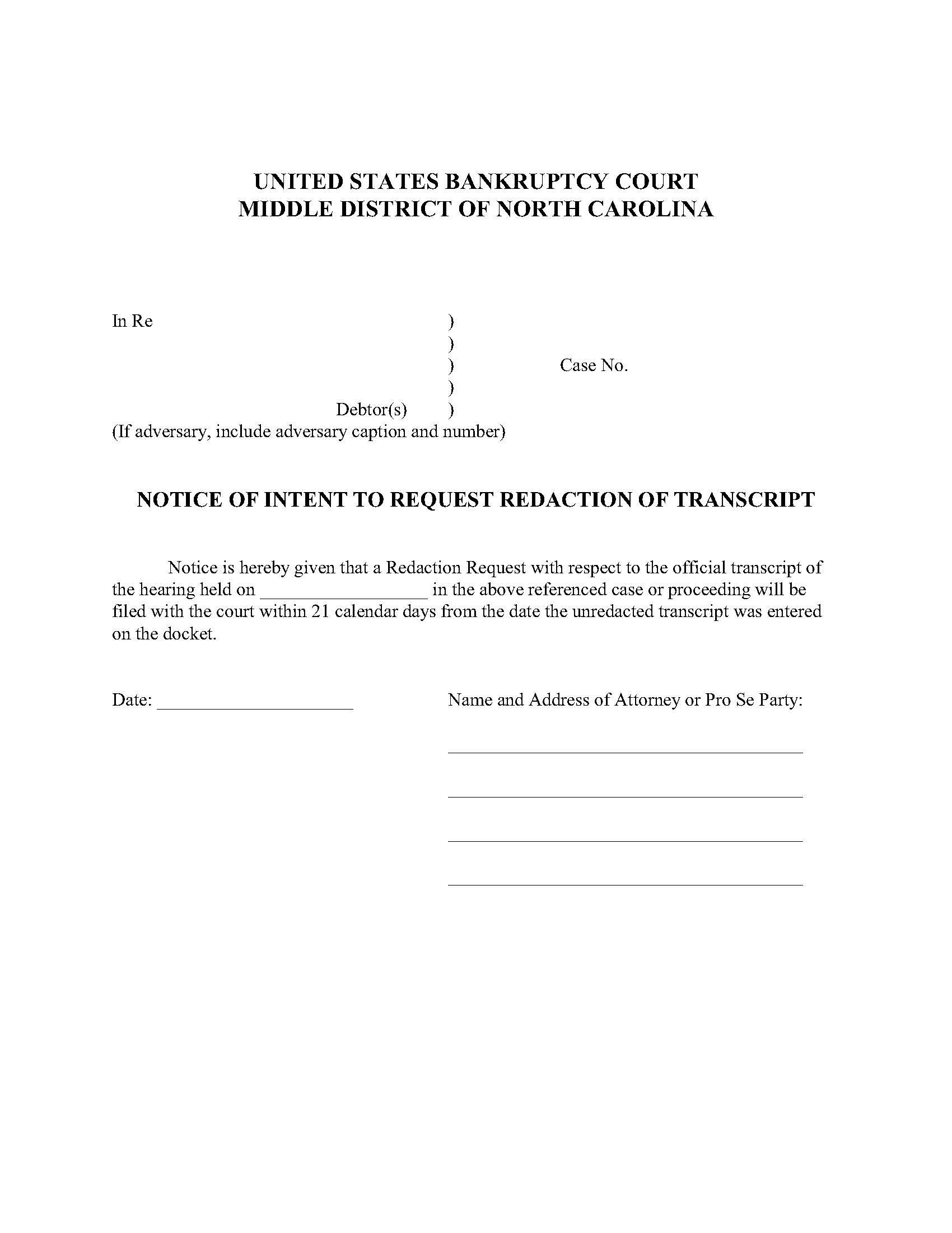 Notice Of Intent To Request Redaction Of Transcript | Pdf Fpdf Doc Docx | North Carolina