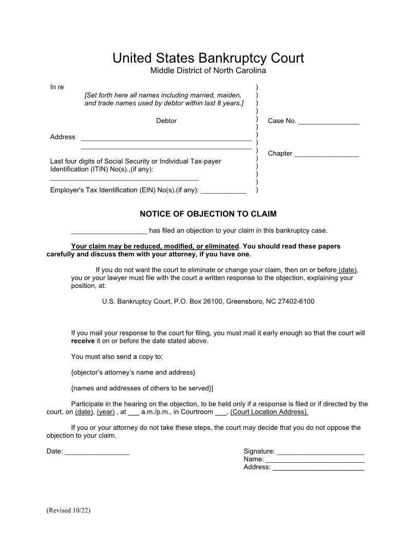Notice Of Objection To Claim | Pdf Fpdf Docx | North Carolina