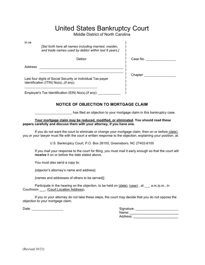 Notice Of Objection To Mortgage Claim | Pdf Fpdf Docx | North Carolina