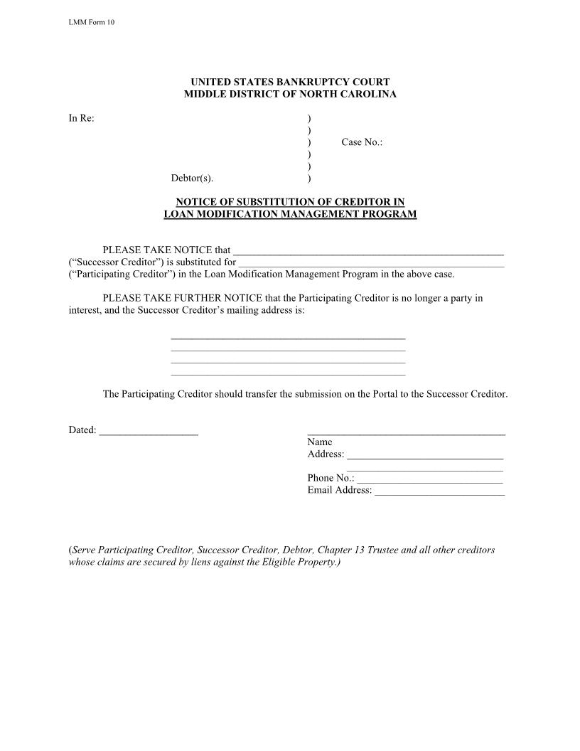 Notice Of Substitution Of Creditor In Loan Modification Management Program {LMM 10} | Pdf Fpdf Docx | North Carolina