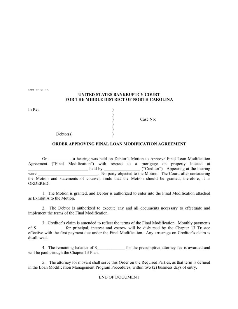 Order Approving Final Loan Modification Agreement {LMM 15} | Pdf Fpdf Docx | North Carolina