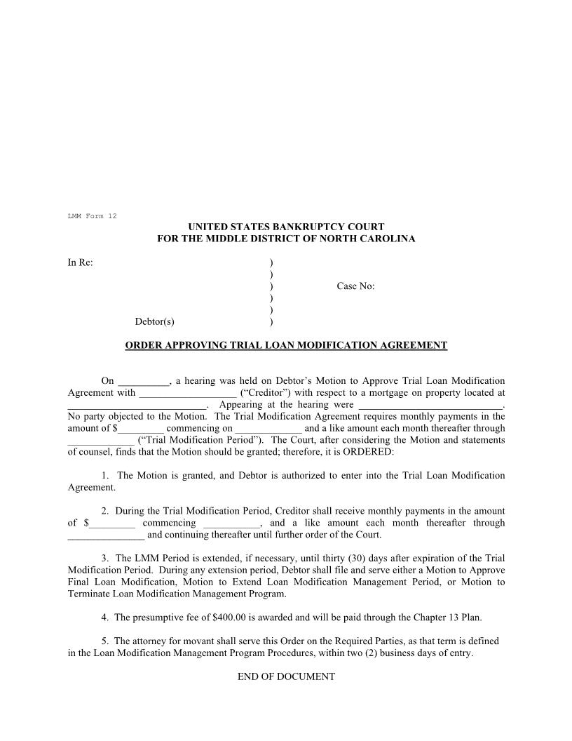 Order Approving Trial Loan Modification Agreement {LMM 12} | Pdf Fpdf Docx | North Carolina