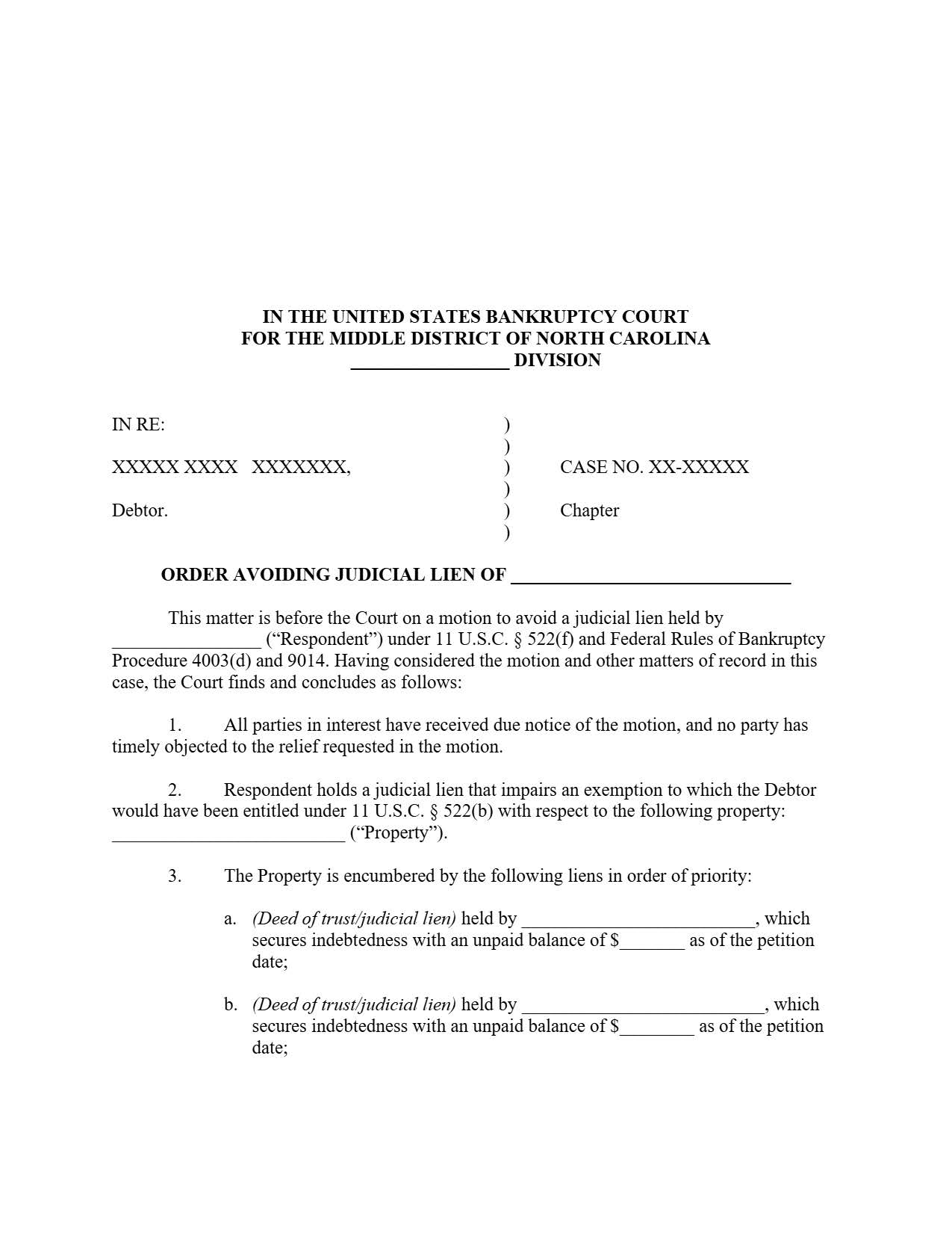 Order Avoiding Judicial Lien | Pdf Fpdf Doc Docx | North Carolina