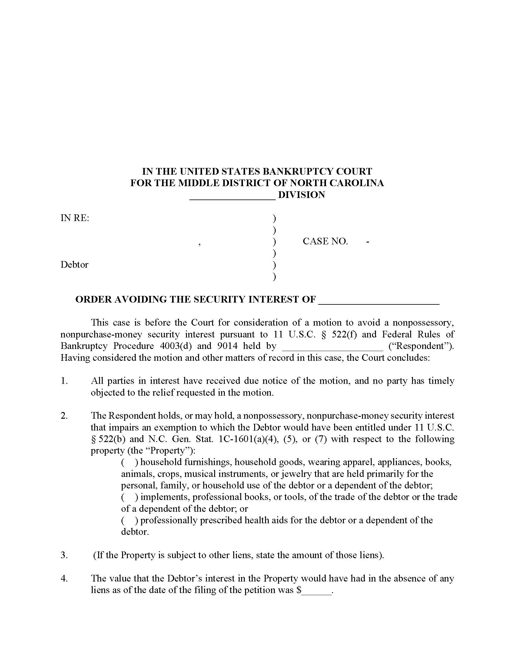 Order Avoiding The Security Interest Of | Pdf Fpdf Doc Docx | North Carolina