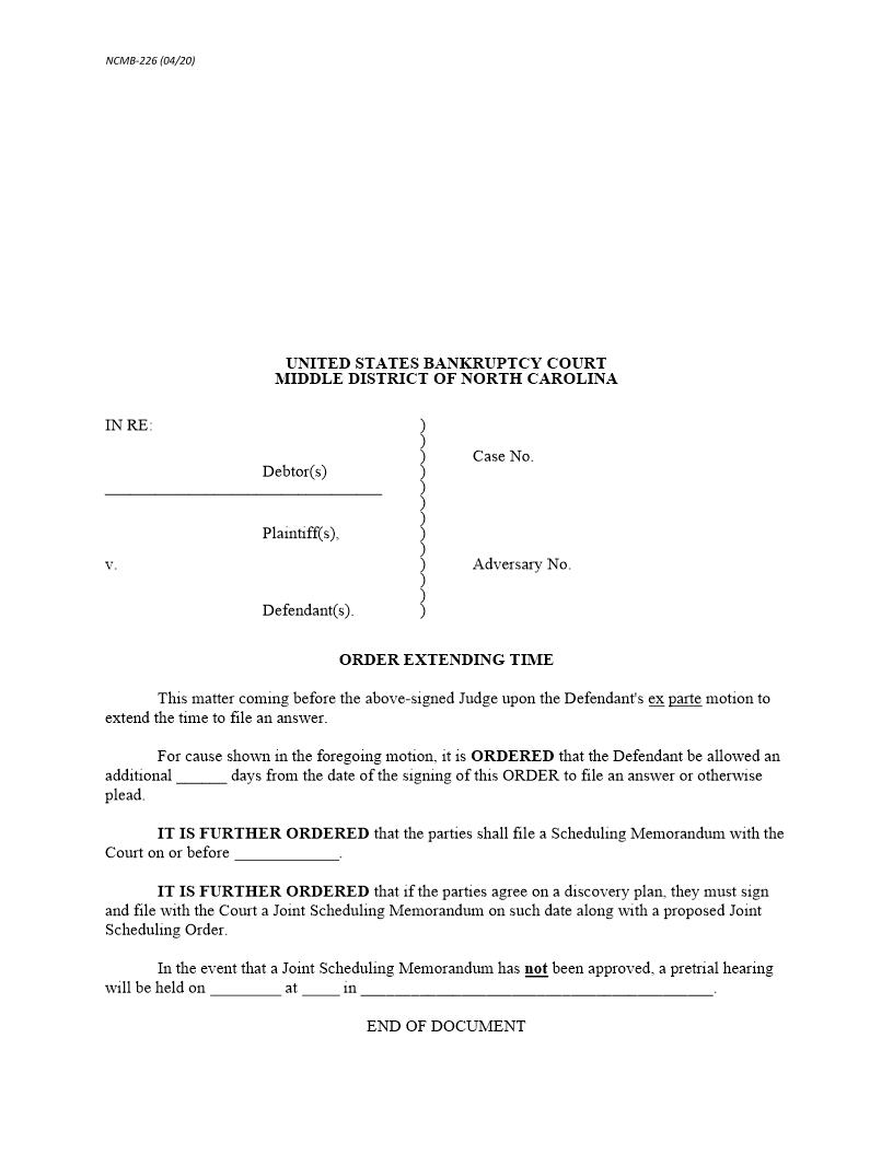 Order Extending Time (Adversary) {NCMB-226} | Pdf Fpdf Docx | North Carolina