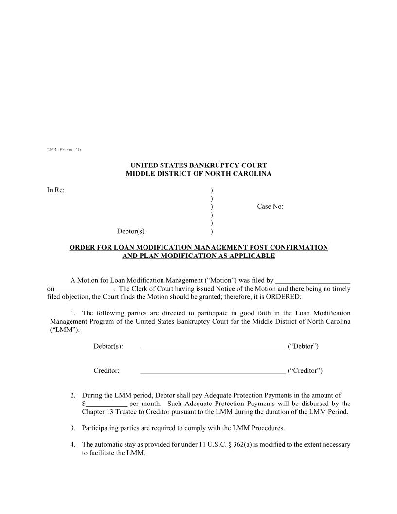 Order For Loan Modification Management Post Confirmation And Plan Modification {LMM 4b} | Pdf Fpdf Docx | North Carolina