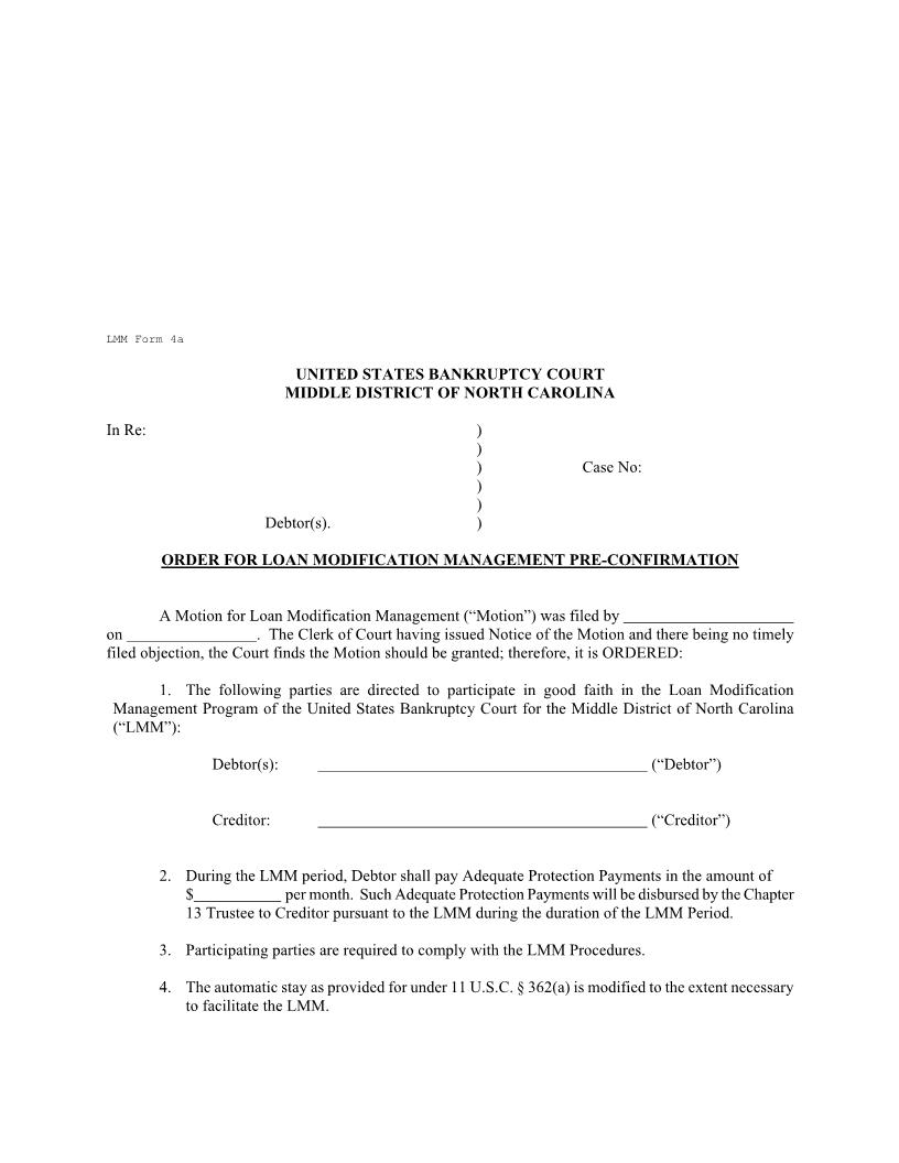 Order For Loan Modification Management Pre Confirmation {LMM 4a} | Pdf Fpdf Docx | North Carolina