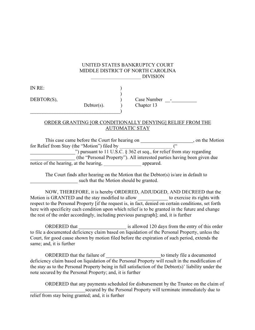 Order For Relief From The Automatic Stay (Personal Property) | Pdf Fpdf Doc Docx | North Carolina