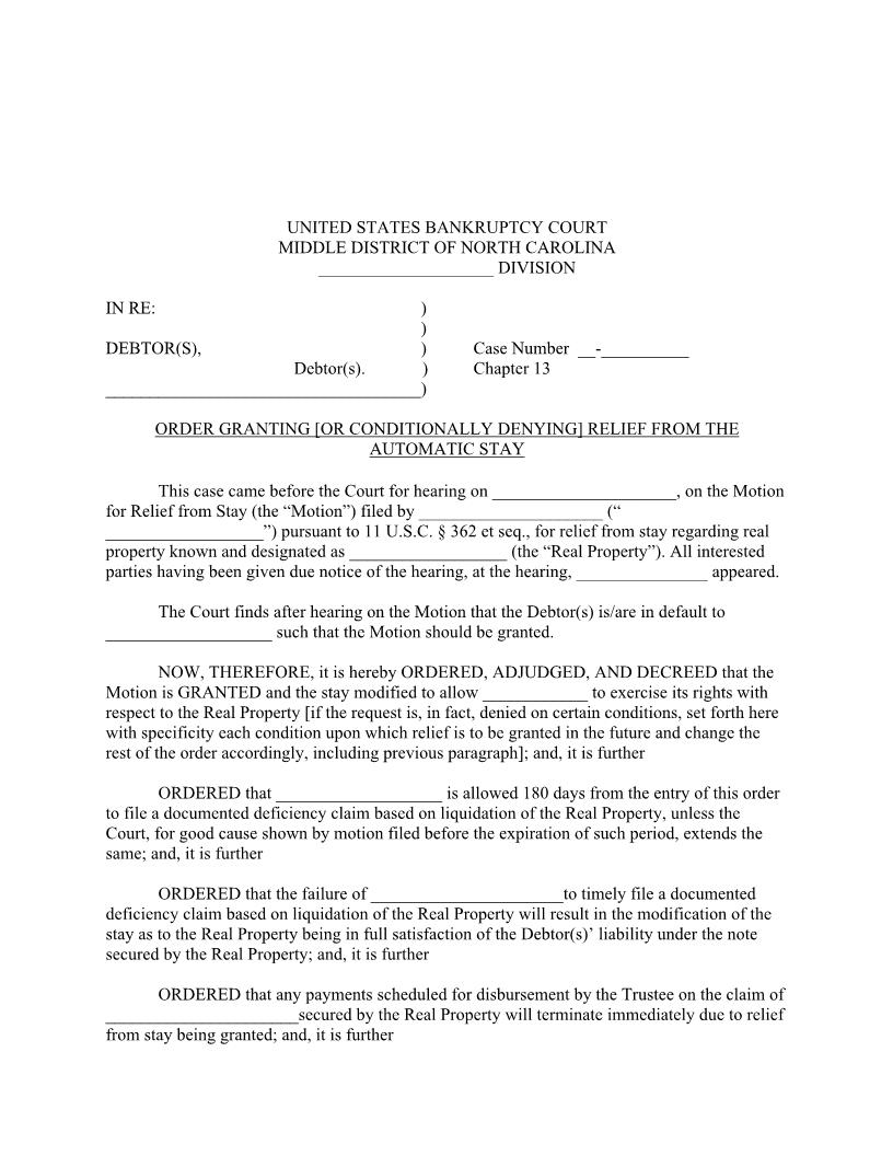 Order For Relief From The Automatic Stay (Real Property) | Pdf Fpdf Doc Docx | North Carolina