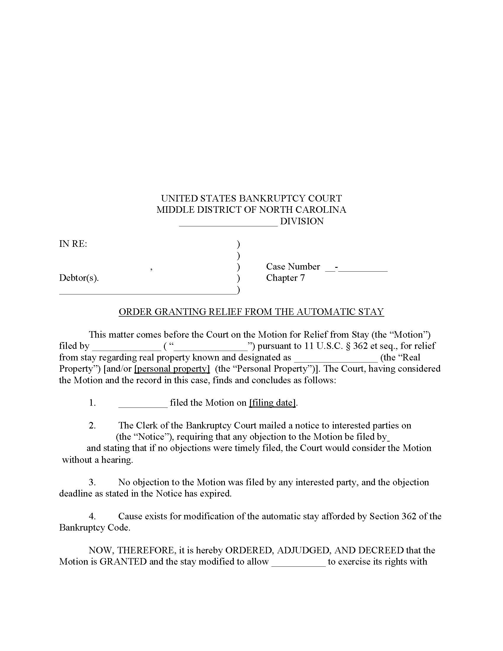 Order For Relief From The Automatic Stay | Pdf Fpdf Doc Docx | North Carolina