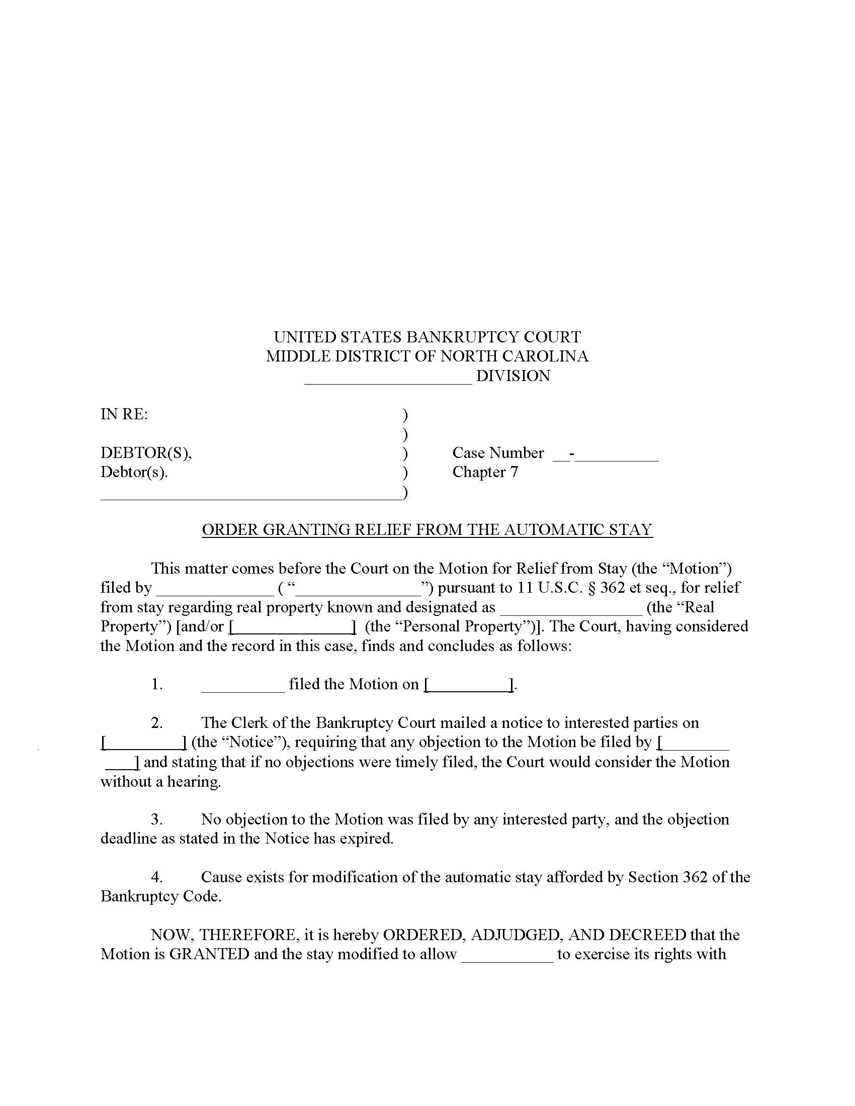 Order Granting Relief From The Automatic Stay (No Hearing Ch 7) | Pdf Fpdf Docx | North Carolina