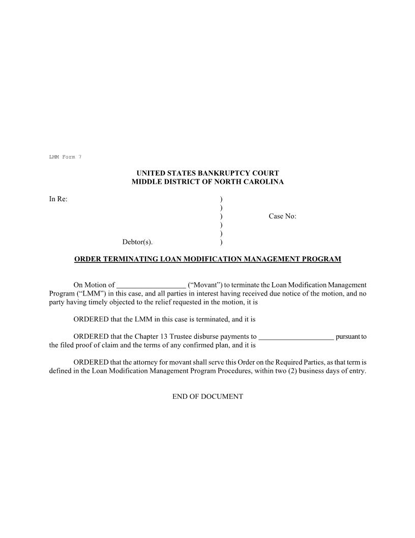 Order Terminating Loan Modification Management Program {LMM 7} | Pdf Fpdf Docx | North Carolina
