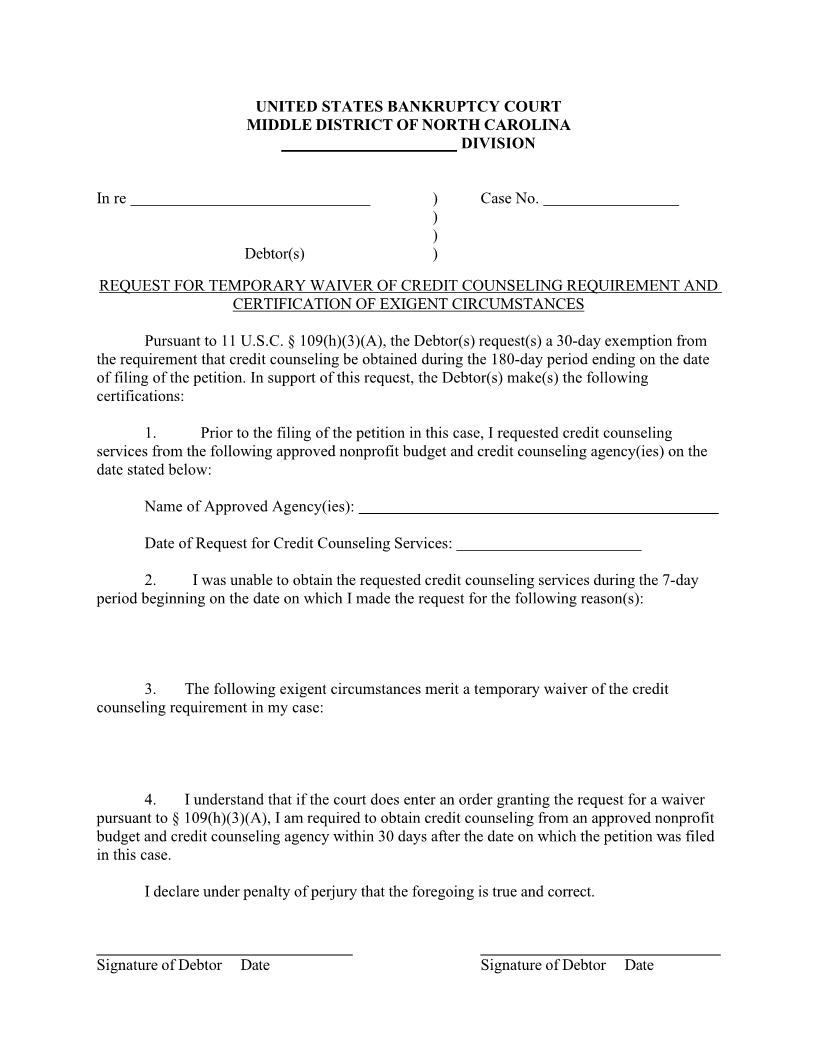 Request For Temporary Waiver Of Credit Counseling Requirement | Pdf Fpdf Docx | North Carolina