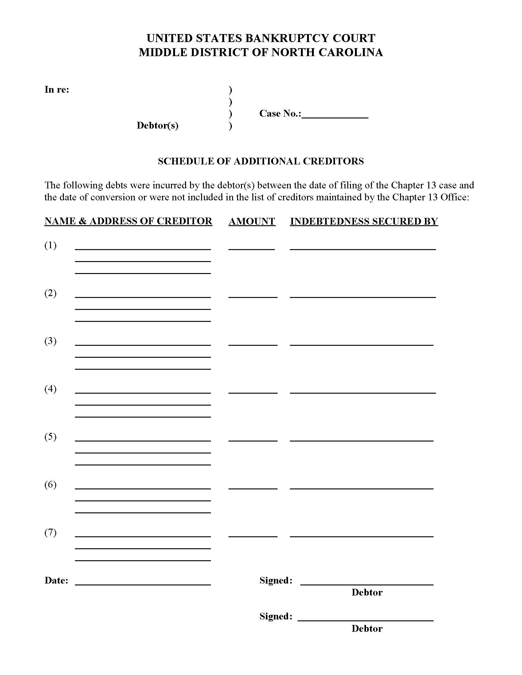 Schedule Of Additional Creditors | Pdf Fpdf Docx | North Carolina