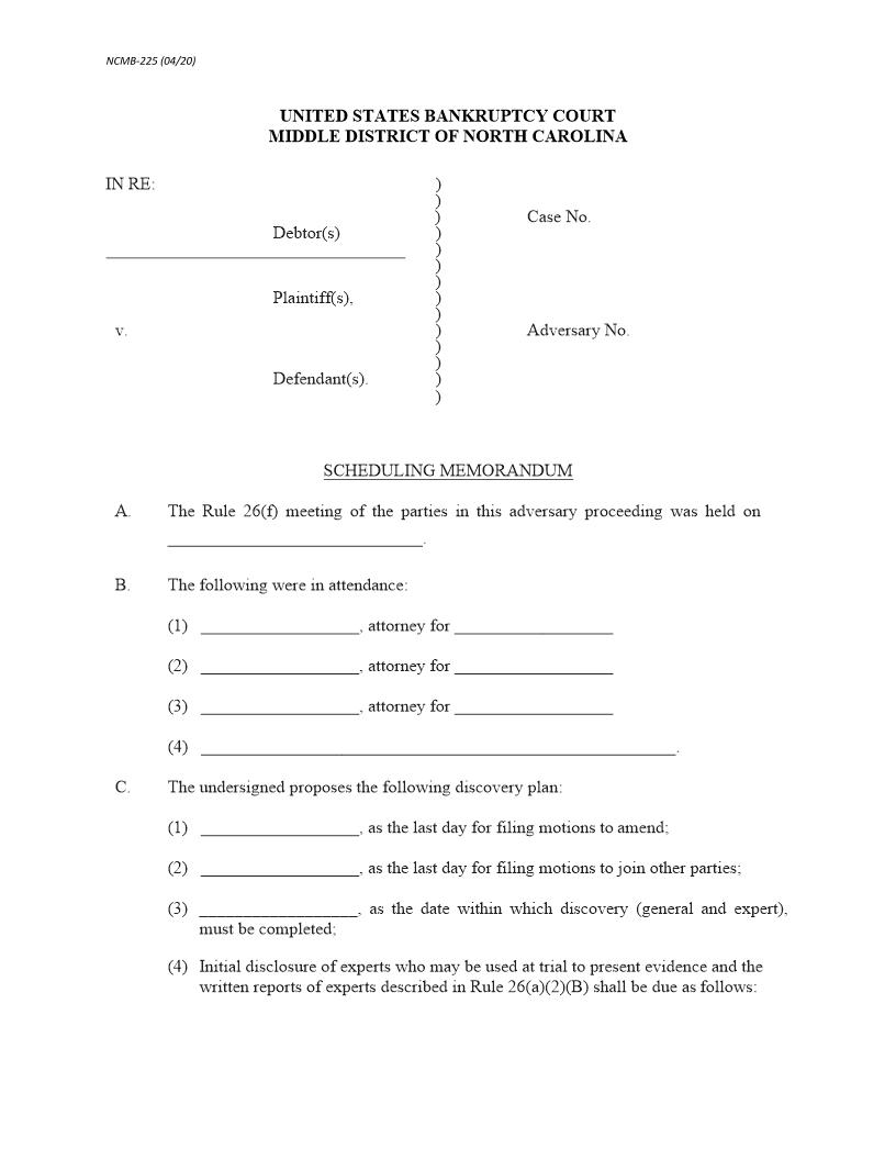 Scheduling Memorandum (Adversary) {NCMB-225} | Pdf Fpdf Docx | North Carolina