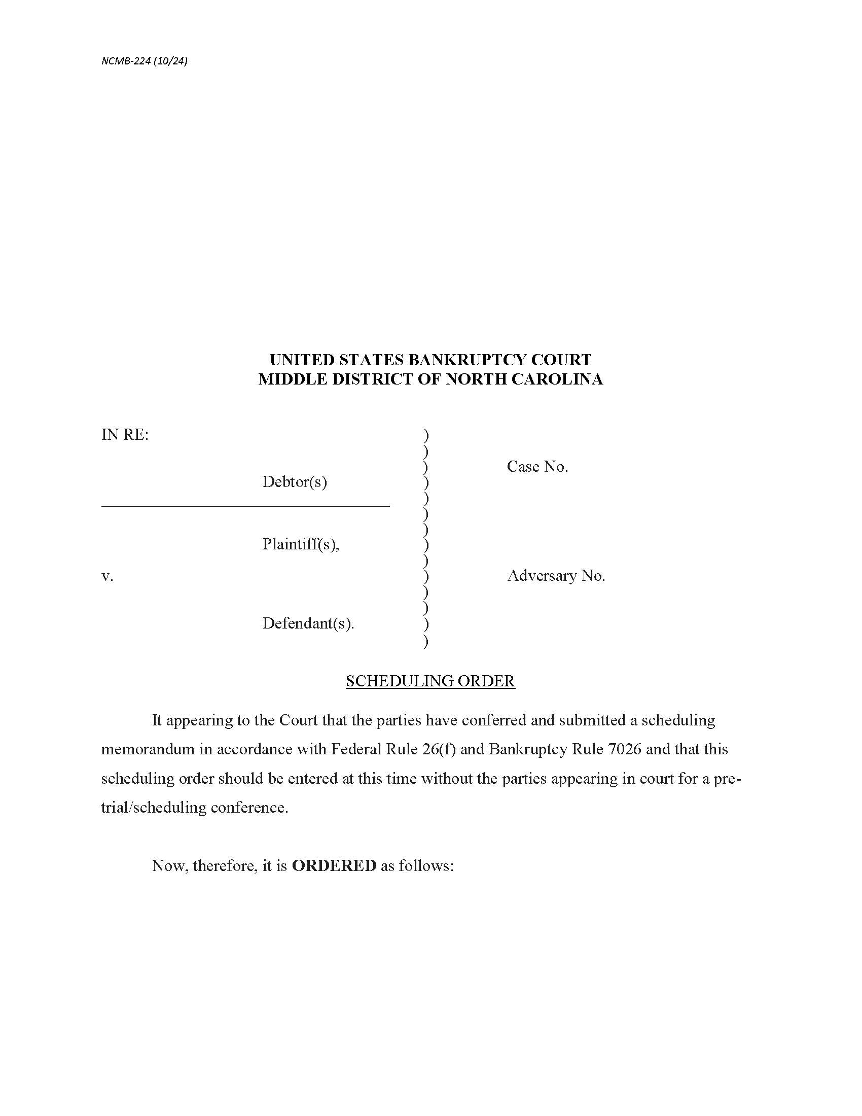 Scheduling Order (Adversary) {NCMB-224}  | Pdf Fpdf Docx | North Carolina