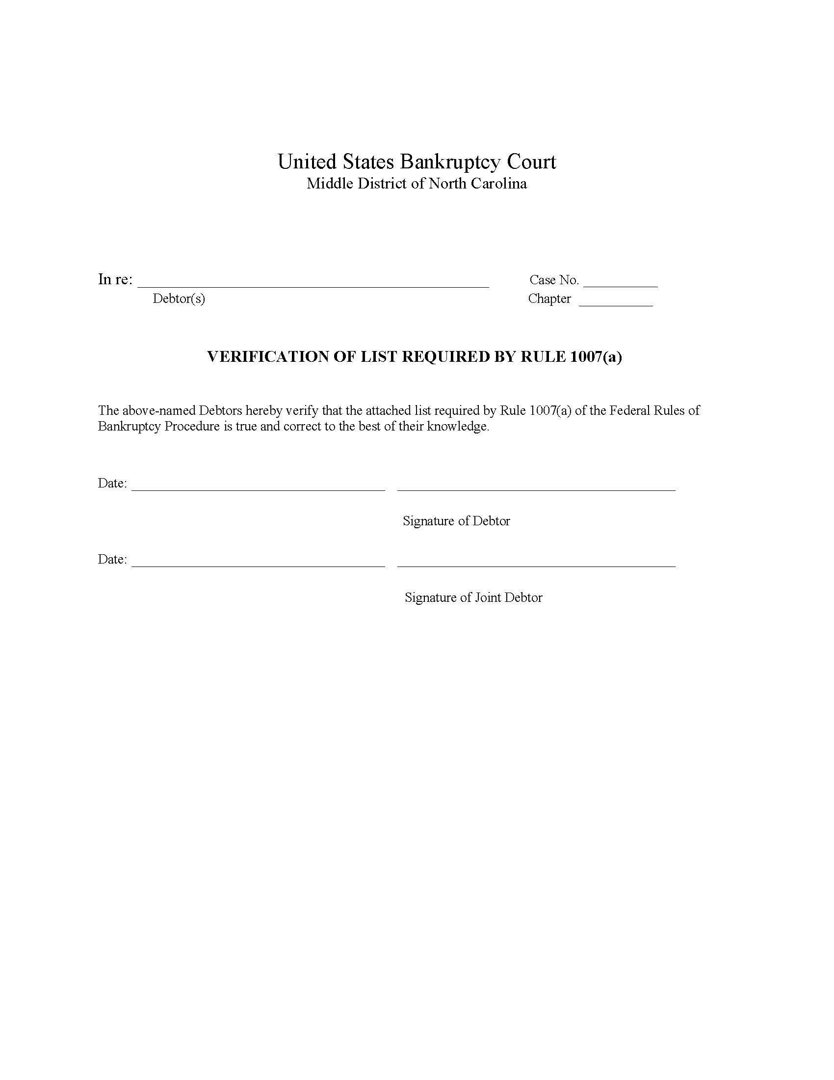 Verification Of List Required By Rule 1007(a) | Pdf Fpdf Doc Docx | North Carolina