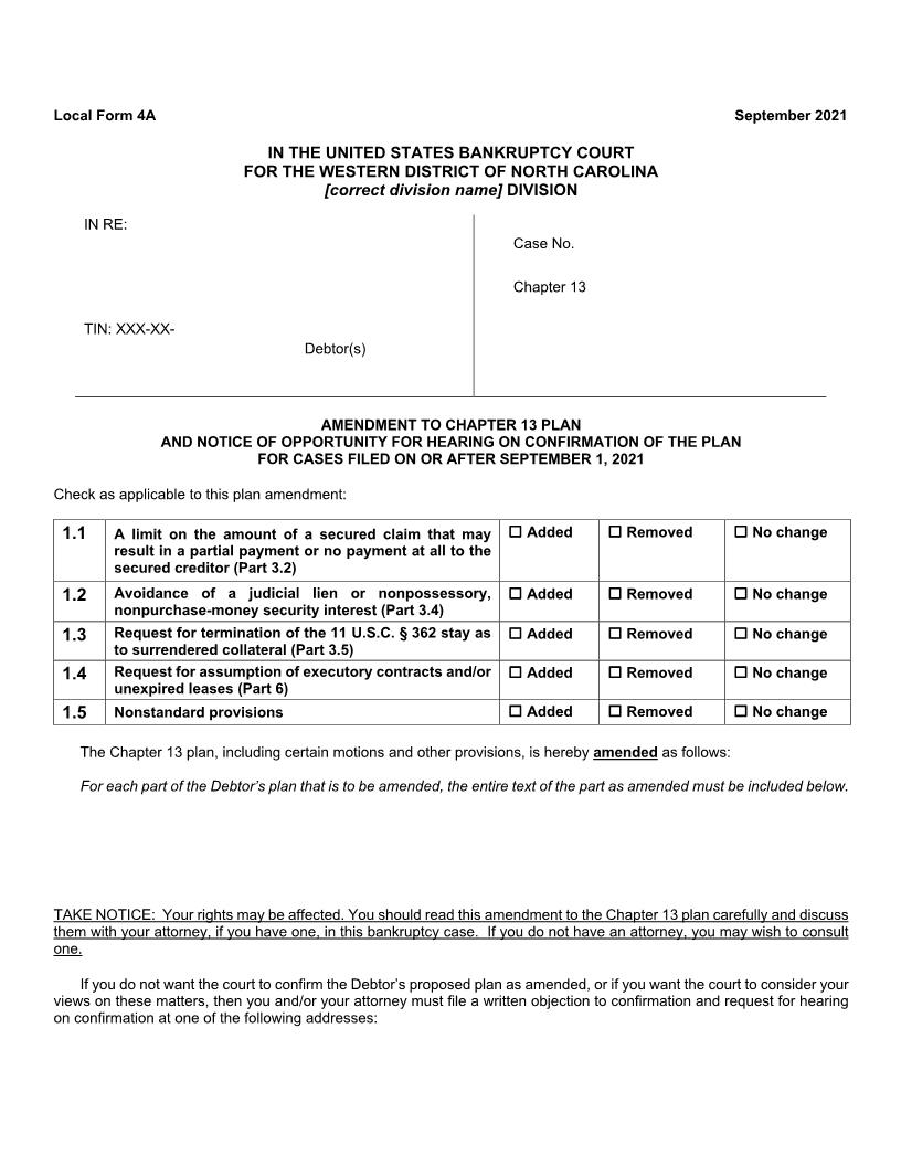 Amendment To Chapter 13 Plan {4A} | Pdf Fpdf Docx | North Carolina