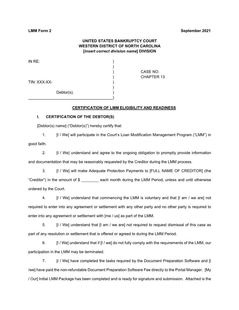 Certification Of LMM Eligibility And Readiness {LMM Form 2} | Pdf Fpdf Docx | North Carolina