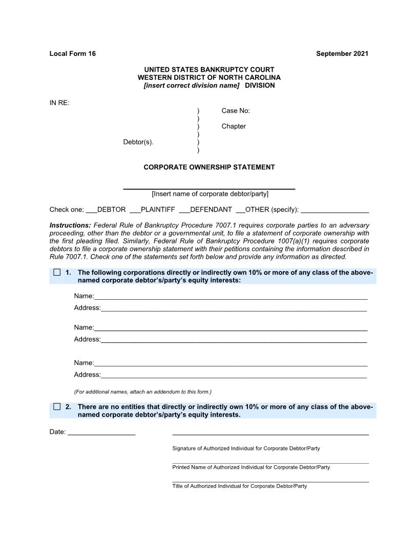 Corporate Ownership Statement {16} | Pdf Fpdf Doc Docx | North Carolina