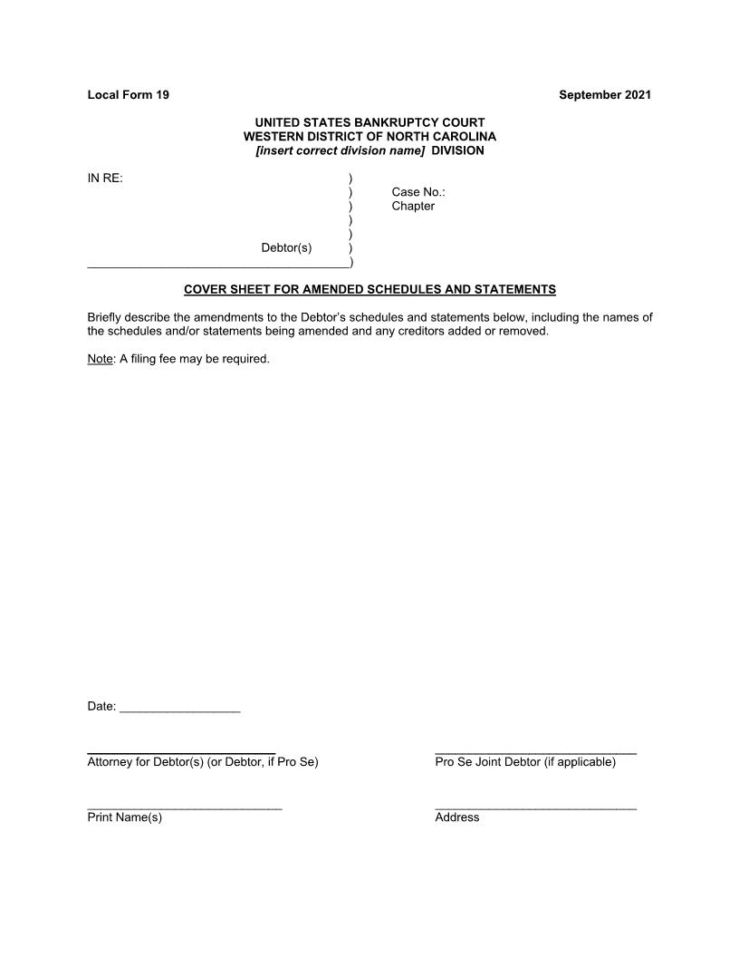 Cover Sheet For Amended Schedules And Statements | Pdf Fpdf Docx | North Carolina