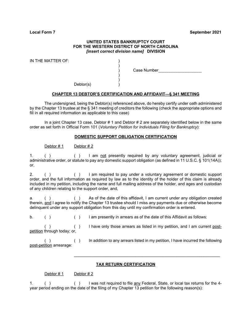 Debtors Certification And Affidavit 341 Meeting {7} | Pdf Fpdf Doc Docx | North Carolina