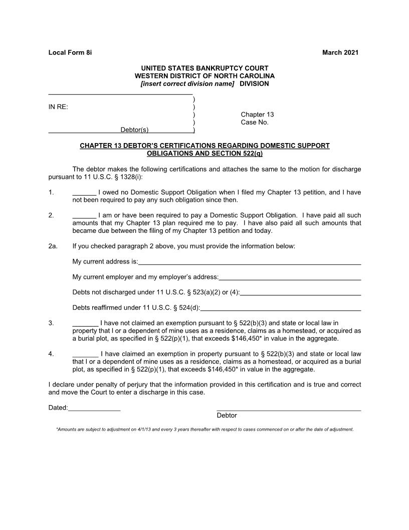 Debtors Certification Regarding Domestic Support Obligations {8i} | Pdf Fpdf Docx | North Carolina