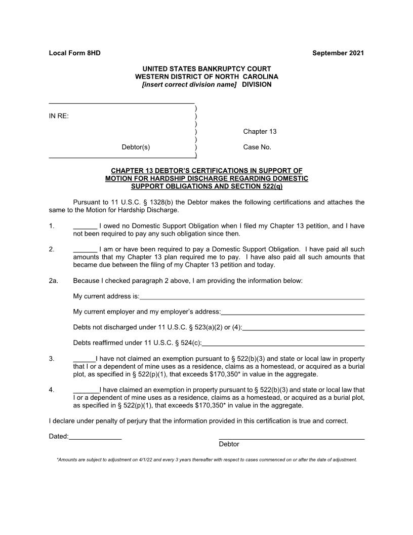 Debtors Certifications In Support Of Motion For Hardship Discharge {8HD} | Pdf Fpdf Doc Docx | North Carolina