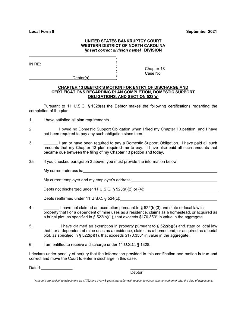 Debtors Motion For Entry Of Discharge {8} | Pdf Fpdf Doc Docx | North Carolina
