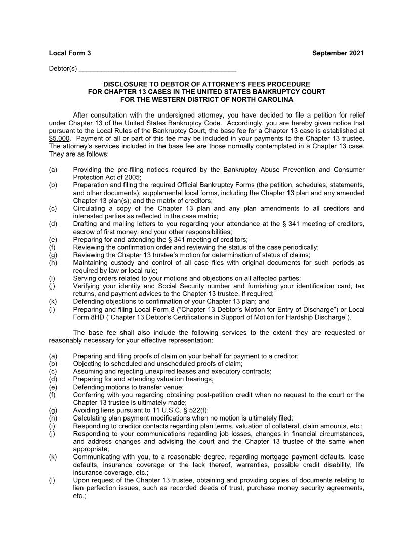 Disclosure To Debtor Of Attorney Fee Procedure For Chapter 13 Cases {3} | Pdf Fpdf Doc Docx | North Carolina