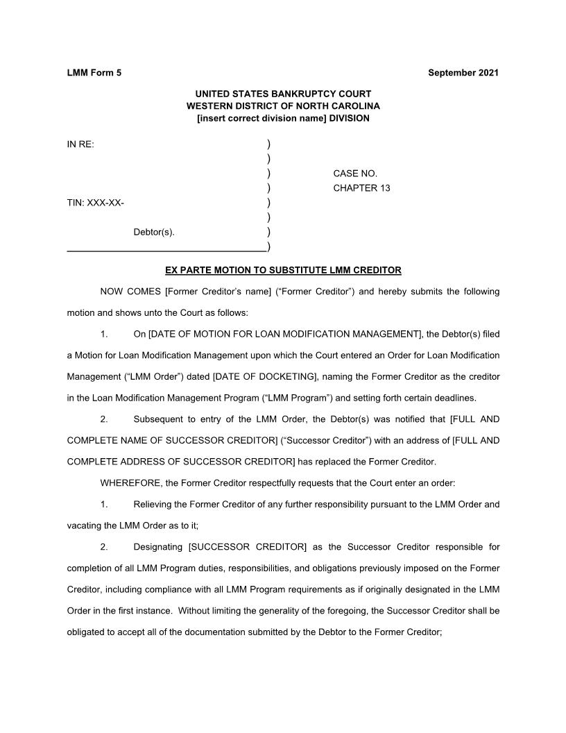 Ex Parte Motion To Substitute LMM Creditor {LMM Form 5} | Pdf Fpdf Docx | North Carolina