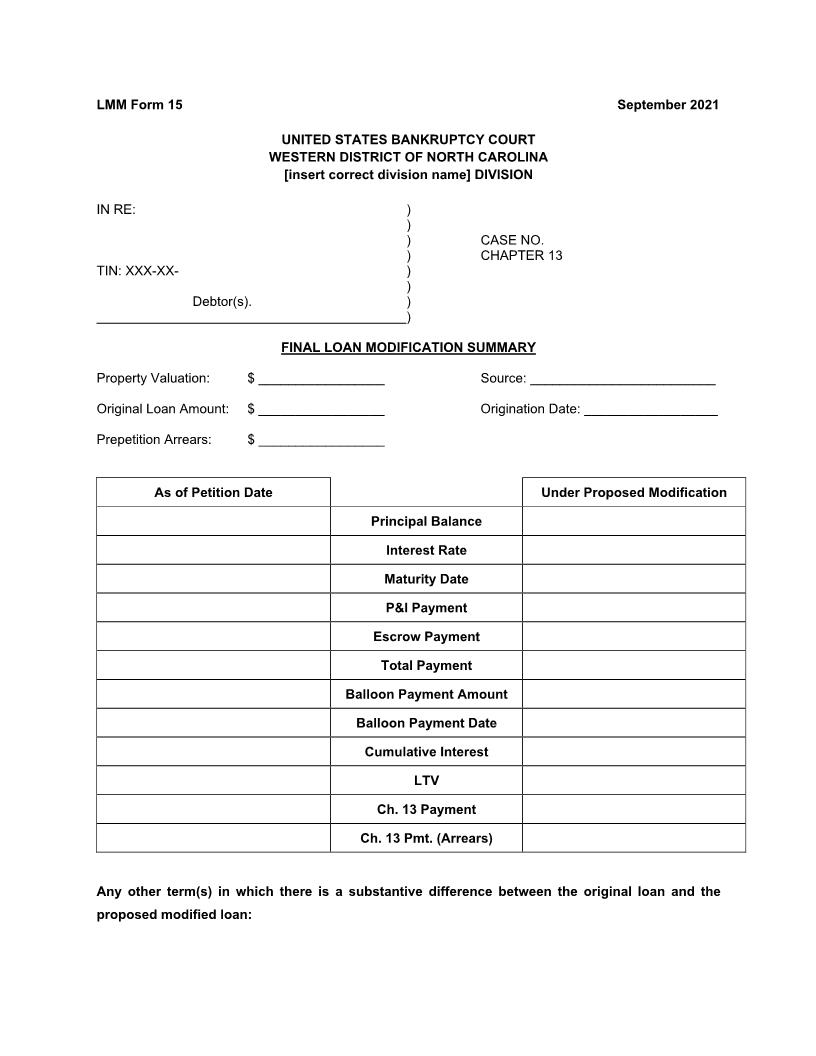Final Loan Modification Summary {LMM Form 15} | Pdf Fpdf Docx | North Carolina