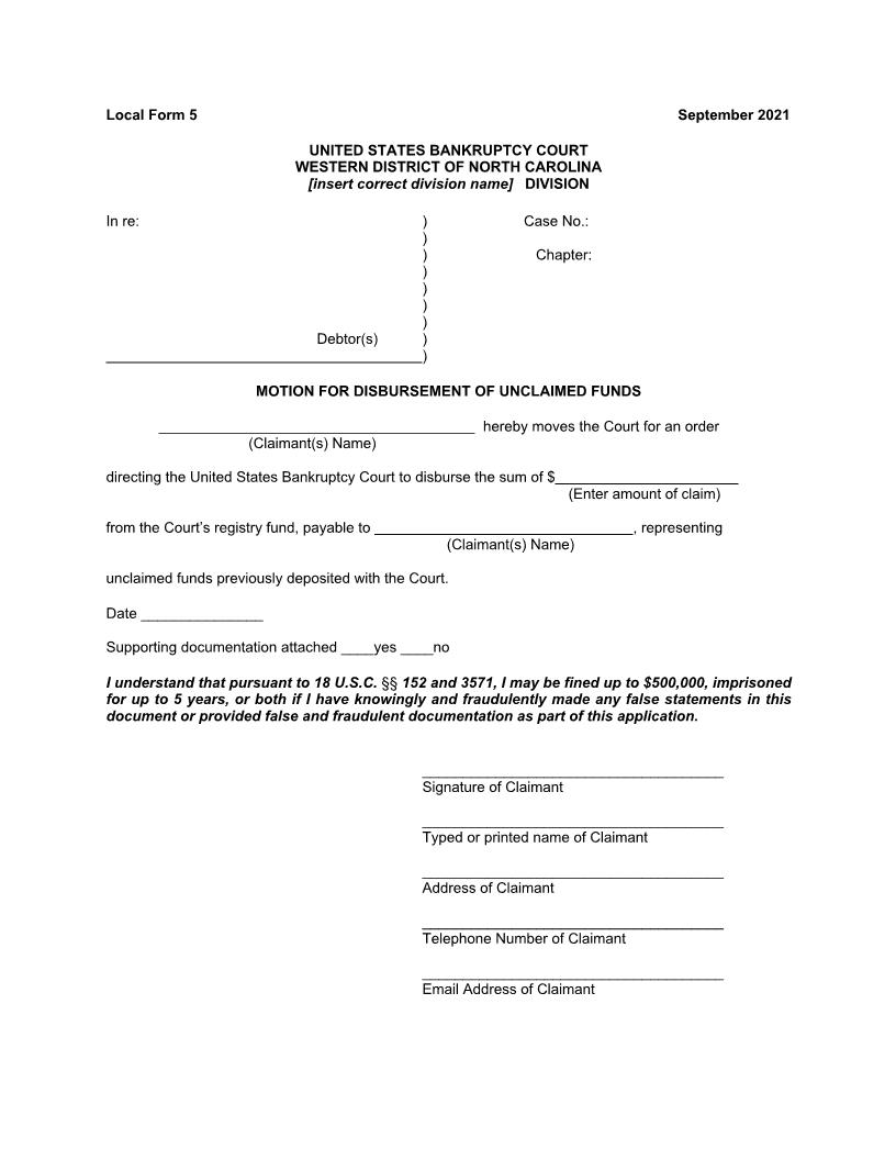Motion For Disbursement Of Unclaimed Funds {5} | Pdf Fpdf Doc Docx | North Carolina