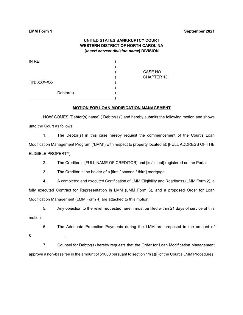 Motion For Loan Modification Management {LMM Form 1} | Pdf Fpdf Docx | North Carolina