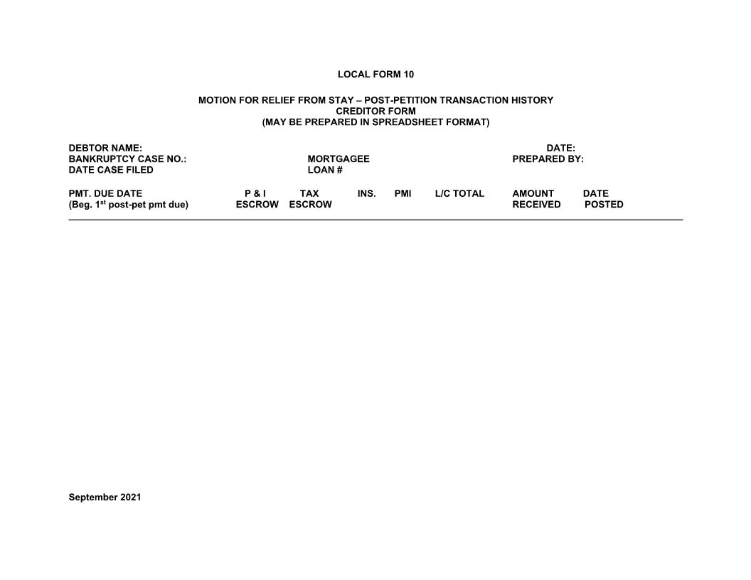 Motion For Relief From Stay Post Petition Transaction History Creditor Form {10} | Pdf Fpdf Docx | North Carolina