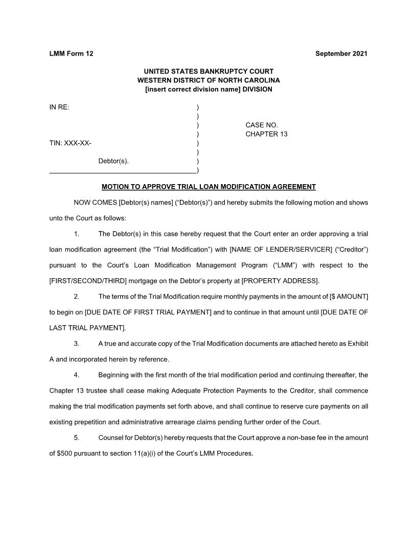 Motion To Approve Trial Loan Modification Agreement {LMM Form 12} | Pdf Fpdf Docx | North Carolina