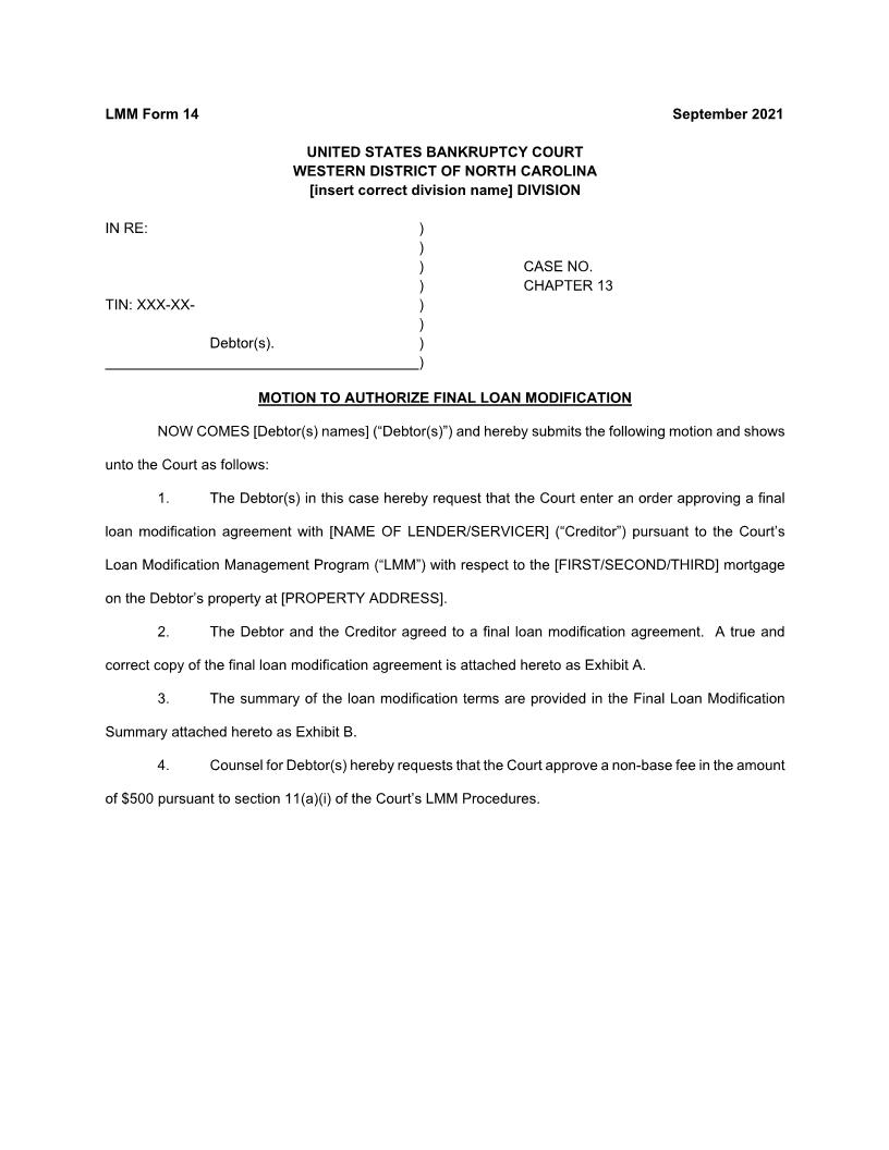 Motion To Authorize Final Loan Modification {LMM Form 14} | Pdf Fpdf Docx | North Carolina