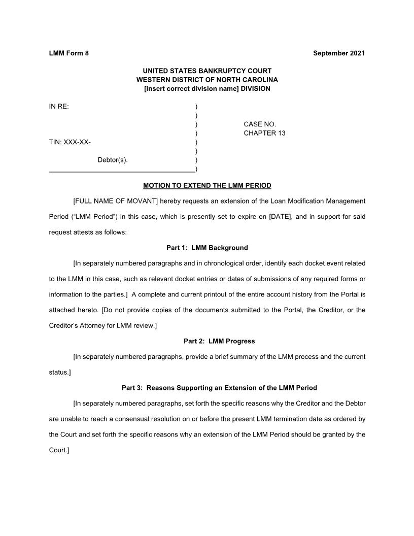 Motion To Extend The LMM Period {LMM Form 8} | Pdf Fpdf Docx | North Carolina