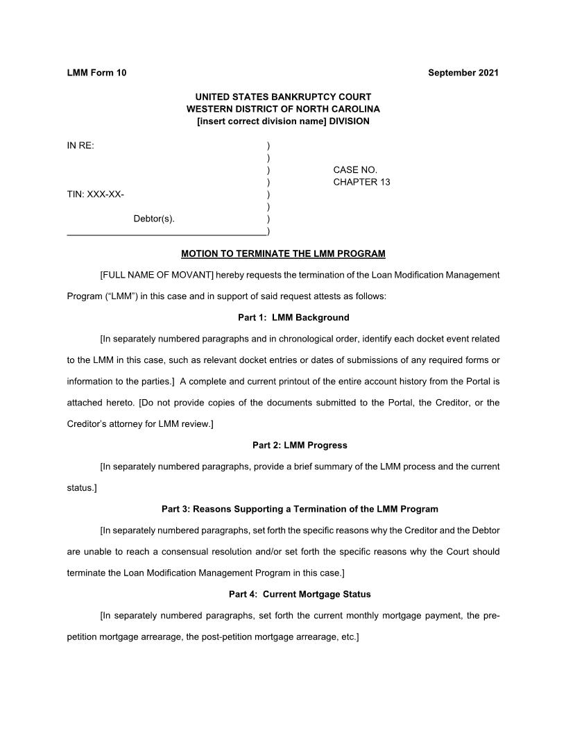 Motion To Terminate The LMM Program {LMM Form 10} | Pdf Fpdf Docx | North Carolina