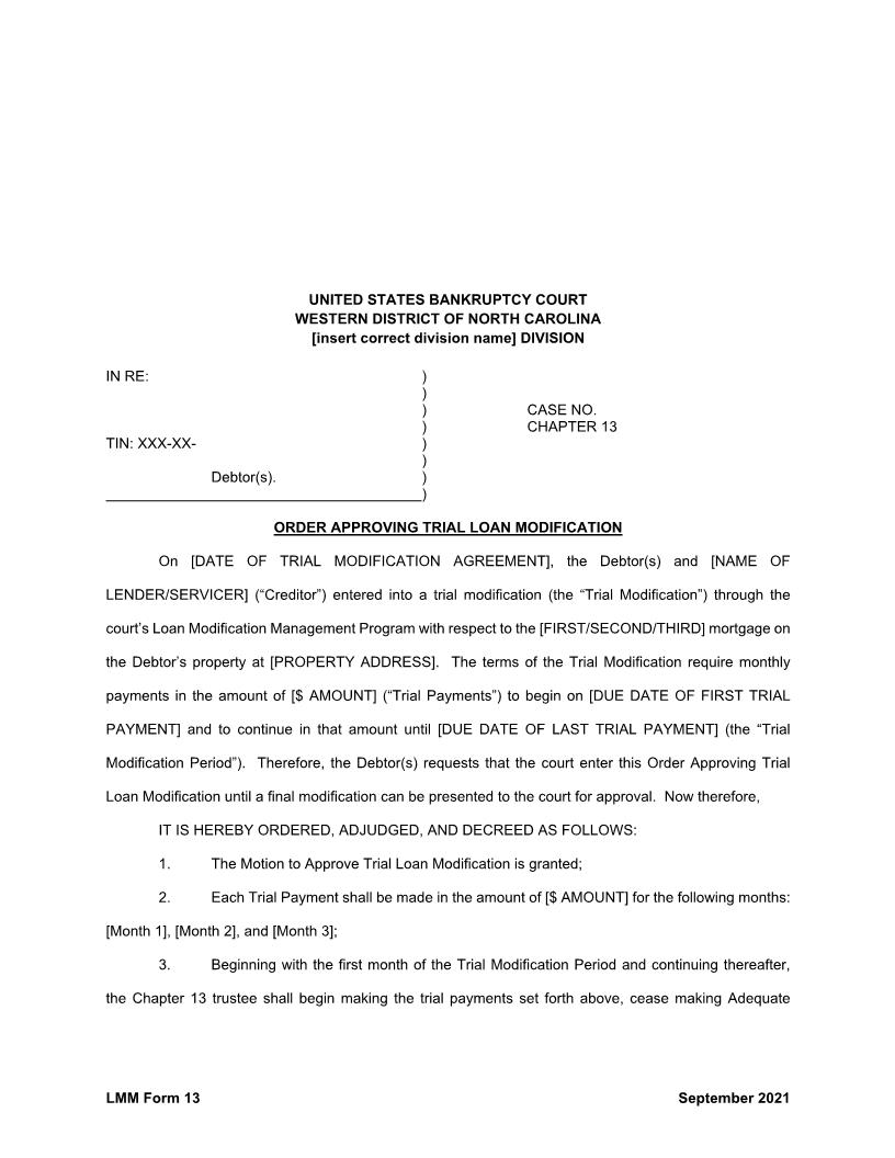 Order Approving Trial Loan Modification  {LMM Form 13} | Pdf Fpdf Docx | North Carolina