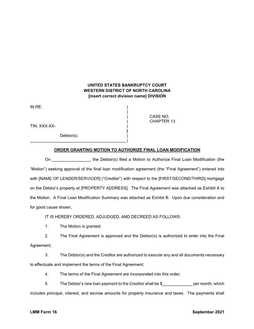 Order Granting Motion To Authorize Final Loan Modification {LMM Form 16} | Pdf Fpdf Docx | North Carolina