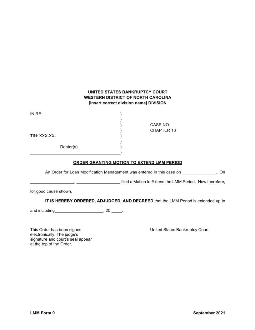 Order Granting Motion To Extend LMM Period {LMM Form 9} | Pdf Fpdf Docx | North Carolina